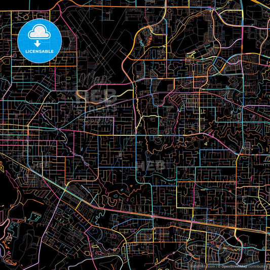 Hillsboro, Oregon, United States, colorful city map on black background