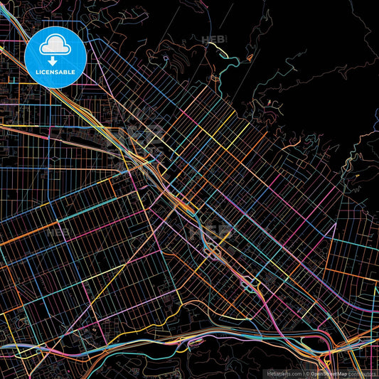 Burbank, California, United States, colorful city map on black background