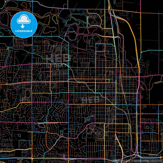 Greeley, Colorado, United States, colorful city map on black background