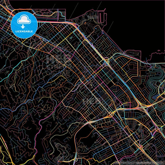San Mateo, California, United States, colorful city map on black background