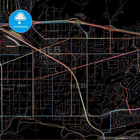 Jurupa Valley, California, United States, colorful city map on black background