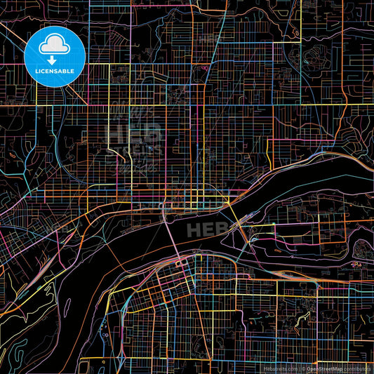 Davenport, Iowa, United States, colorful city map on black background