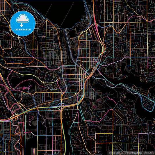 Renton, Washington, United States, colorful city map on black background