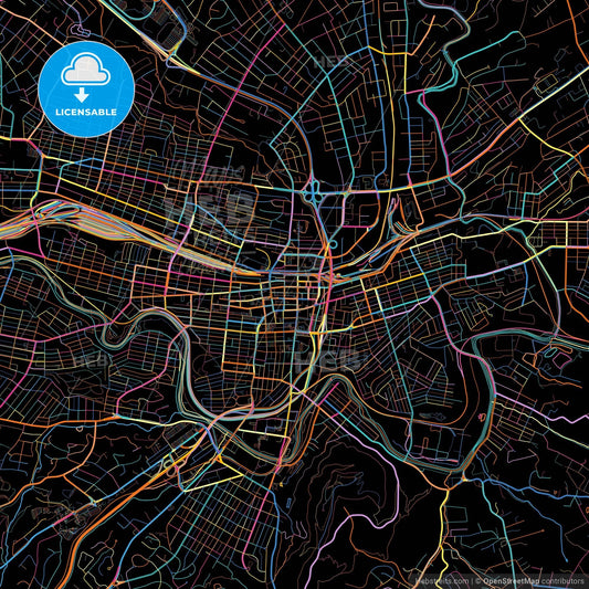 Roanoke, Virginia, United States, colorful city map on black background