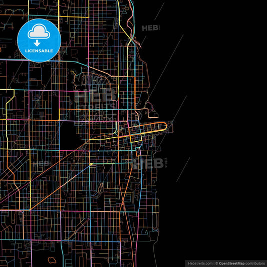 Kenosha, Wisconsin, United States, colorful city map on black background