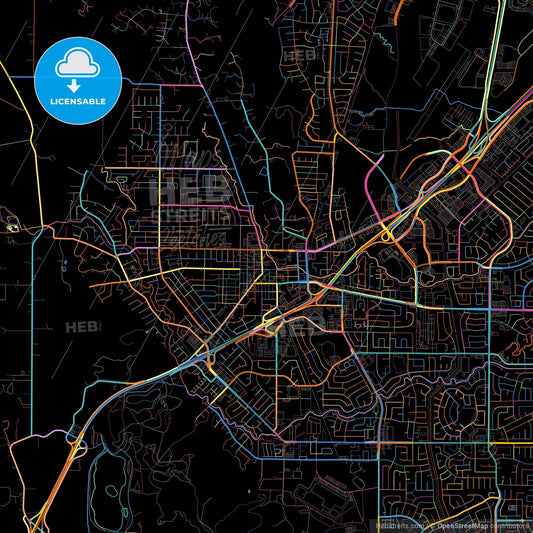 Vacaville, California, United States, colorful city map on black background