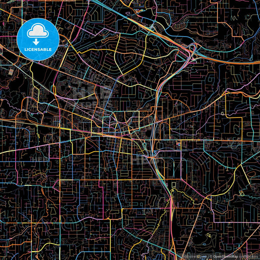 Beaverton, Oregon, United States, colorful city map on black background