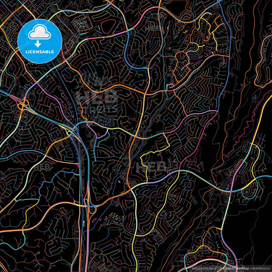 Mission Viejo, California, United States, colorful city map on black background