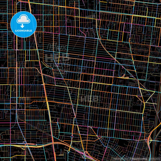 South Gate, California, United States, colorful city map on black background