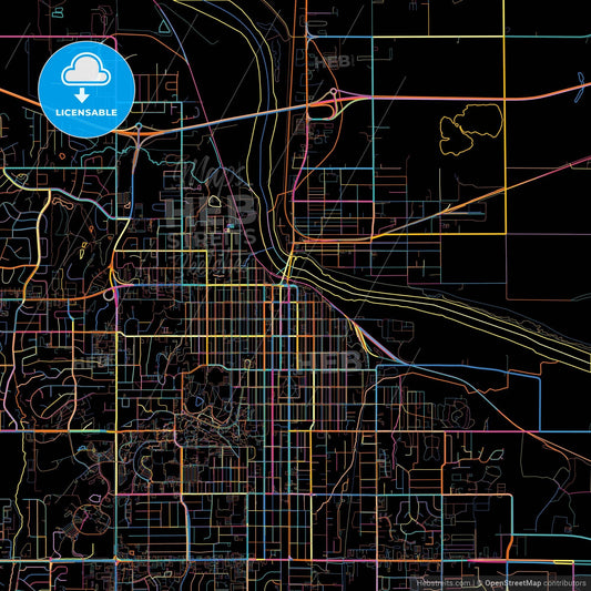 Lawrence, Kansas, United States, colorful city map on black background