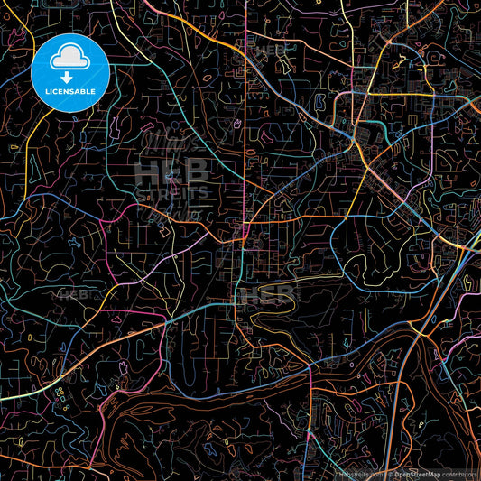 Roswell, Georgia, United States, colorful city map on black background