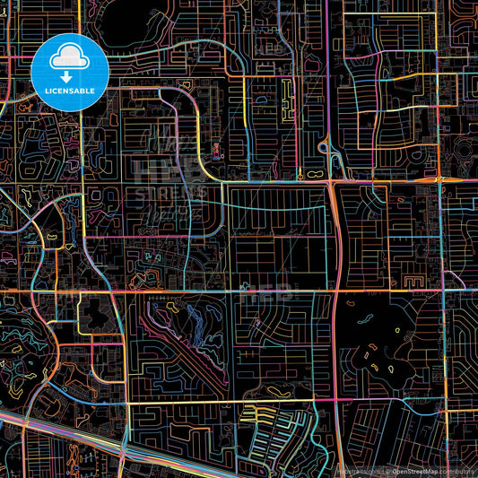 Plantation, Florida, United States, colorful city map on black background