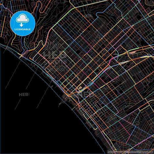 Santa Monica, California, United States, colorful city map on black background