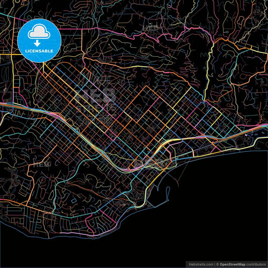 Santa Barbara, California, United States, colorful city map on black background