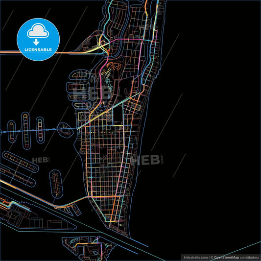 Miami Beach, Florida, United States, colorful city map on black background
