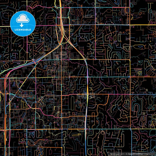 Carmel, Indiana, United States, colorful city map on black background
