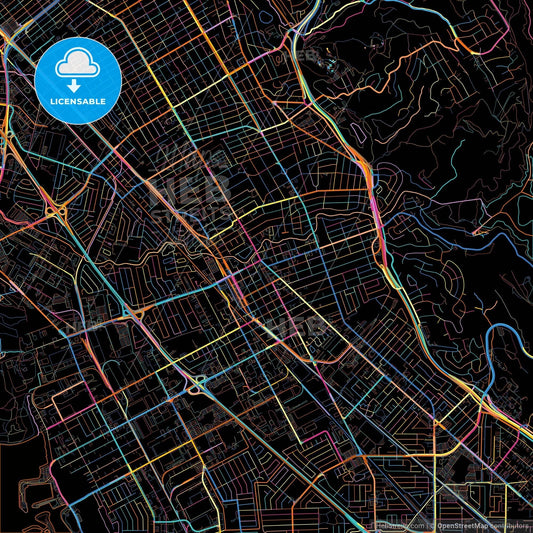 San Leandro, California, United States, colorful city map on black background