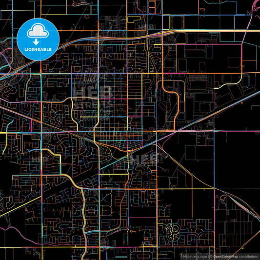 Tracy, California, United States, colorful city map on black background