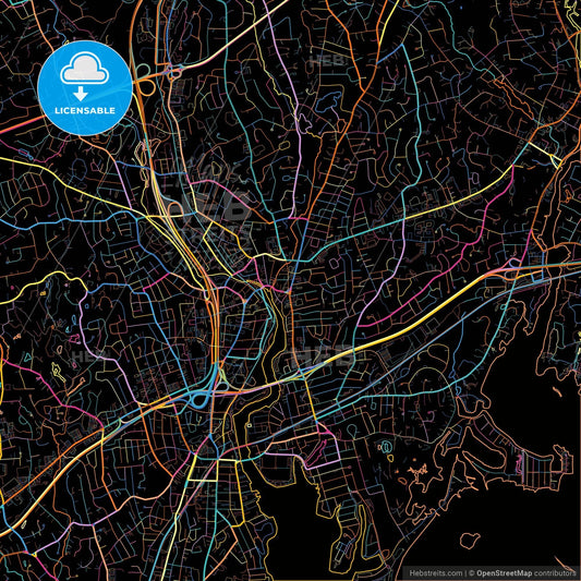 Norwalk, Connecticut, United States, colorful city map on black background