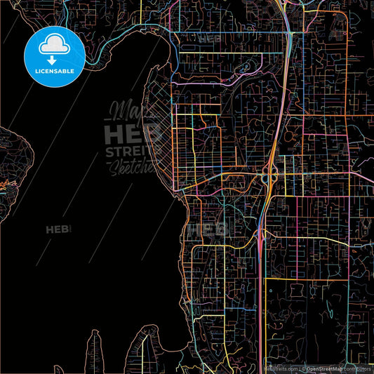 Kirkland, Washington, United States, colorful city map on black background