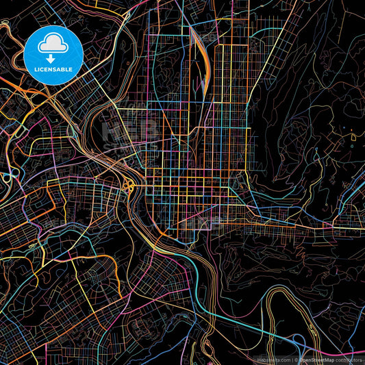 Reading, Pennsylvania, United States, colorful city map on black background