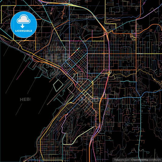 Bellingham, Washington, United States, colorful city map on black background