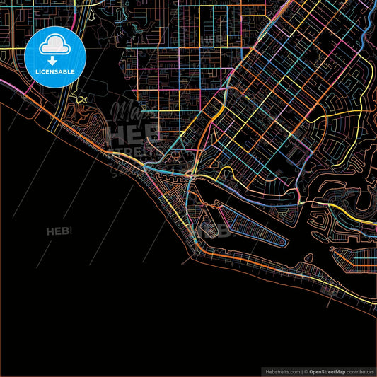 Newport Beach, California, United States, colorful city map on black background