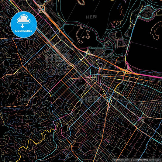 Redwood City, California, United States, colorful city map on black background