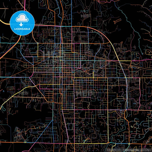 Bloomington, Indiana, United States, colorful city map on black background