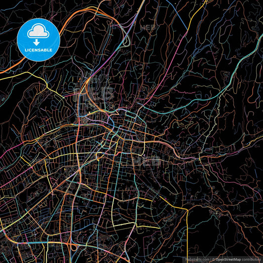 Santa Fe, New Mexico, United States, colorful city map on black background