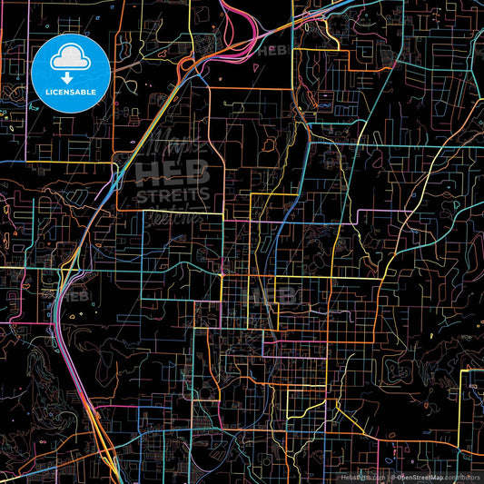 Fayetteville, Arkansas, United States, colorful city map on black background