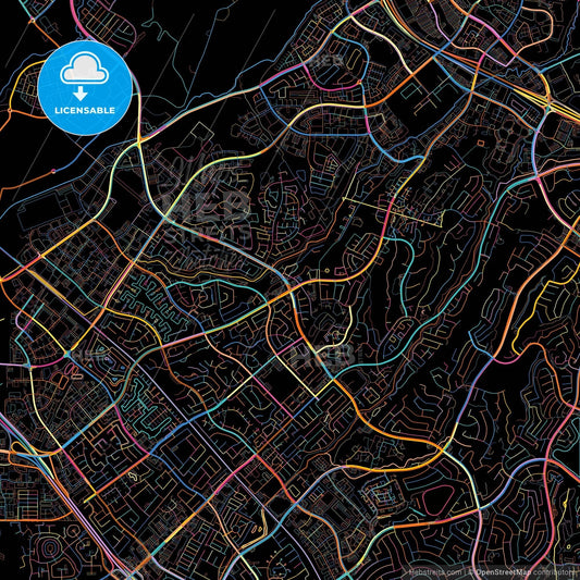 Lake Forest, California, United States, colorful city map on black background