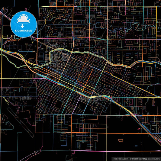 Merced, California, United States, colorful city map on black background