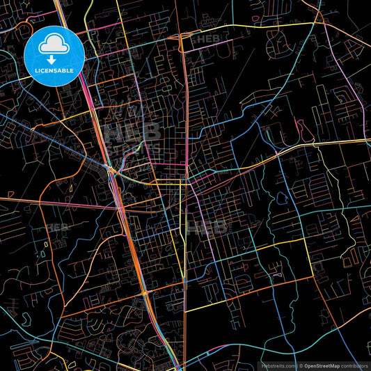 Conroe, Texas, United States, colorful city map on black background
