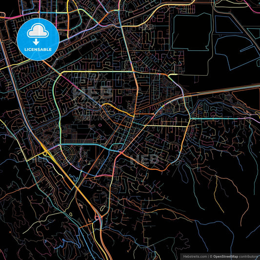 Pleasanton, California, United States, colorful city map on black background