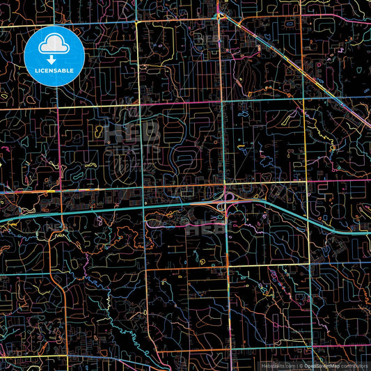 Farmington Hills, Michigan, United States, colorful city map on black background