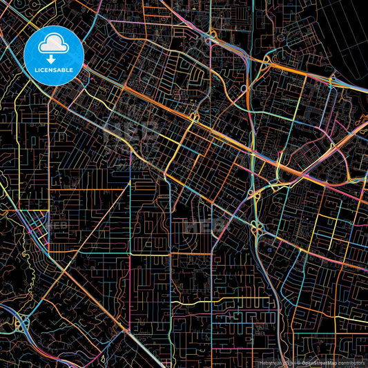 Mountain View, California, United States, colorful city map on black background