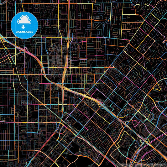 Tustin, California, United States, colorful city map on black background