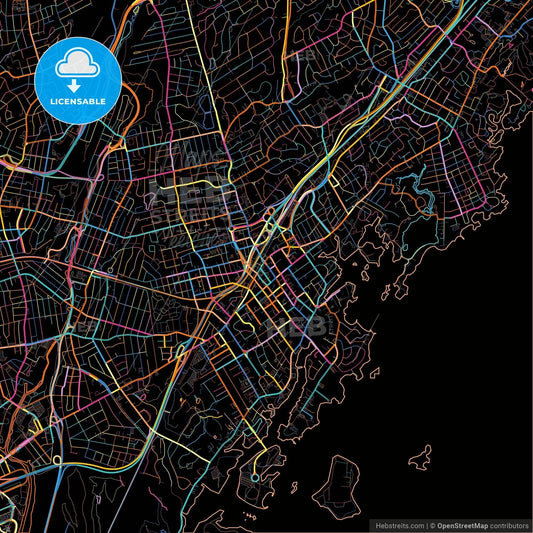 New Rochelle, New York, United States, colorful city map on black background