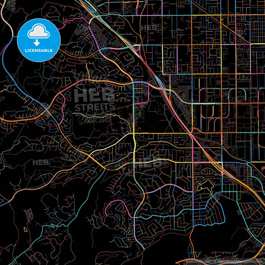 Chino Hills, California, United States, colorful city map on black background