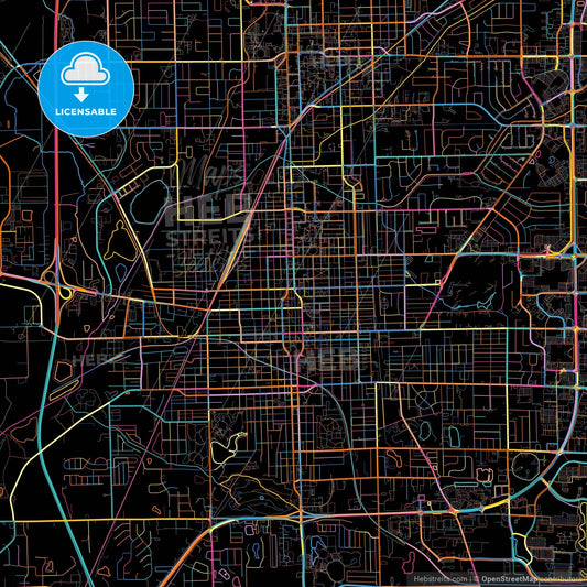 Bloomington, Illinois, United States, colorful city map on black background
