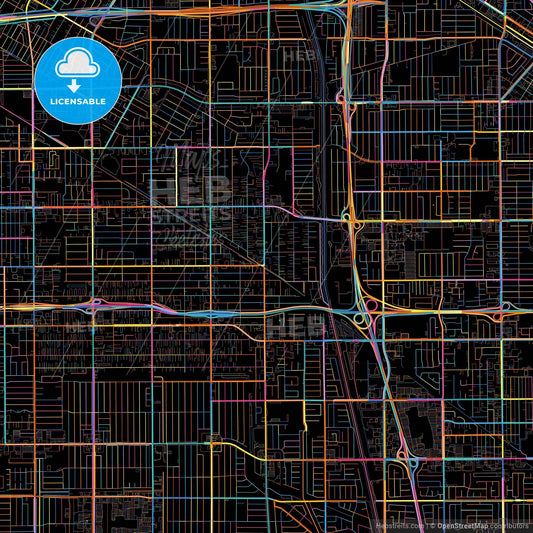 Bellflower, California, United States, colorful city map on black background
