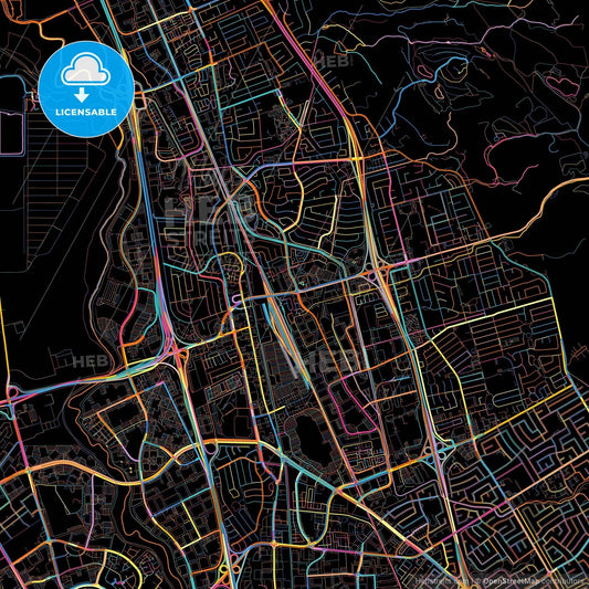 Milpitas, California, United States, colorful city map on black background
