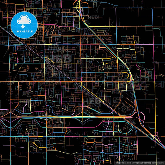 Manteca, California, United States, colorful city map on black background