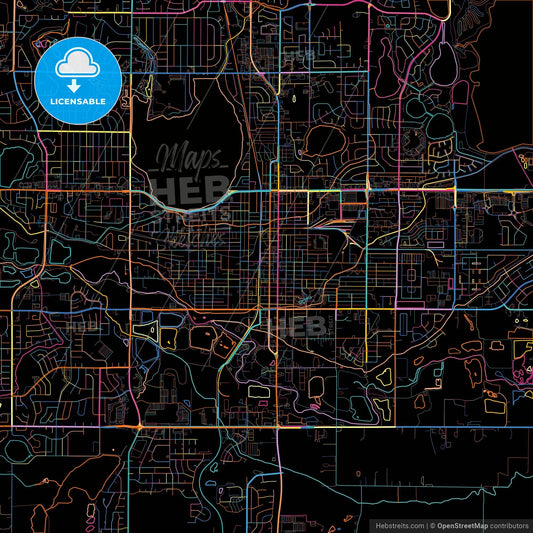 Loveland, Colorado, United States, colorful city map on black background