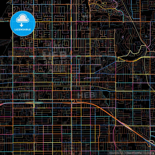 Upland, California, United States, colorful city map on black background