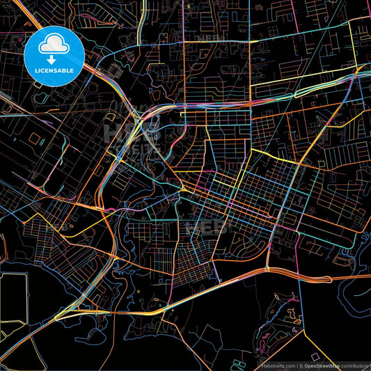 Baytown, Texas, United States, colorful city map on black background