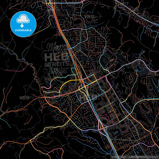 San Ramon, California, United States, colorful city map on black background