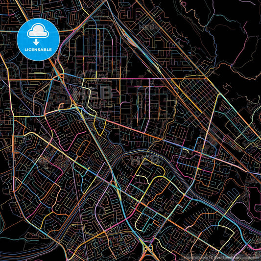 Union City, California, United States, colorful city map on black background