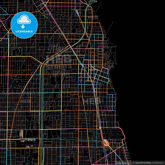 Evanston, Illinois, United States, colorful city map on black background